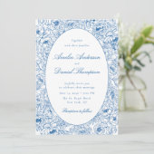 Blue Floral Line Art Wedding Invitation (Debout devant)
