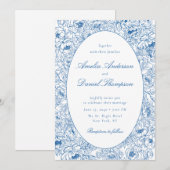 Blue Floral Line Art Wedding Invitation (Devant / Derrière)