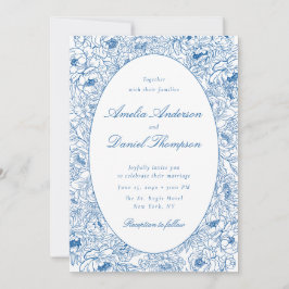 Blue Floral Line Art Wedding Invitation Kaart