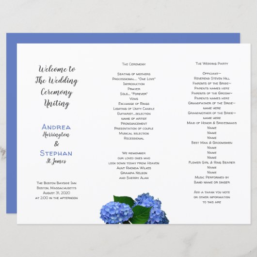 Blue Floral Mariage programme de cérémonie pliée (Devant / Derrière)