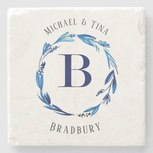 Blue Floral met Monogram Stone Onderzetter "B" (Voorkant)