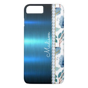 Blue Floral Metallic Glitter Classy Heart iPhone 8 Plus / 7 Plus Hoesje
