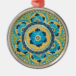 Blue Floral Mexican Tile Metalen Ornament