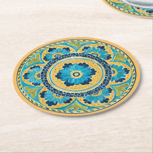 Blue Floral Mexican Tile Ronde Kartonnen Onderzetter