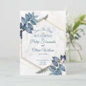 Blue Floral Minimalist Save the Date Wedding Kaart (Staand voorkant)