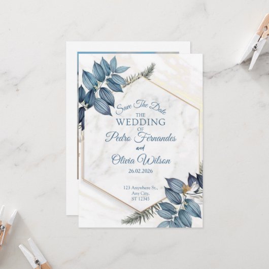 Blue Floral Minimalist Save the Date Wedding Kaart (Voorkant / Achterkant in situ)