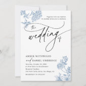  Blue Floral Modern Script Wedding Kaart (Voorkant)