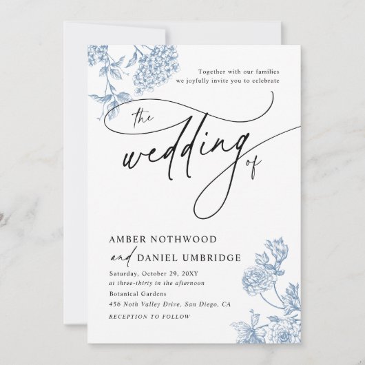 Blue Floral Modern Script Wedding Kaart (Voorkant)
