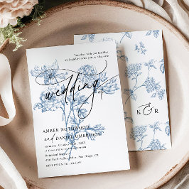 Blue Floral Modern Script Wedding Kaart
