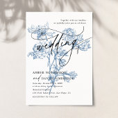  Blue Floral Modern Script Wedding Kaart