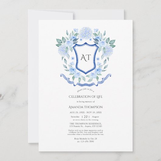 Blue Floral Monogram Crest Crest Celebration of Li Kaart (Voorkant)