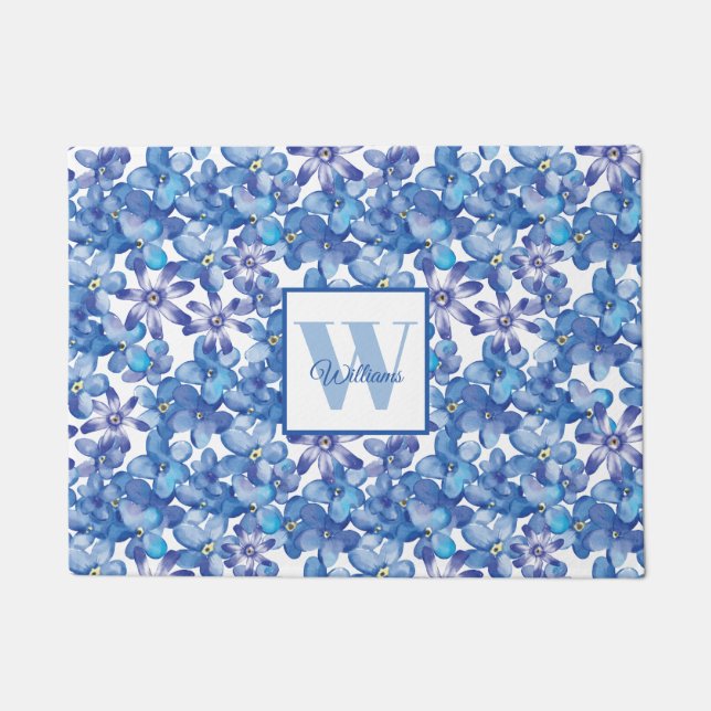 Blue Floral Monogram Deurmat (Voorkant)