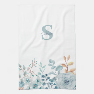 Blue Floral Monogramme Nom Cuisine Serviettes