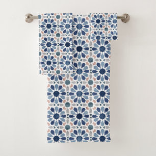 Blue Floral Moroccan Tile Pattern Bad Handdoek