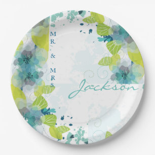 Blue Floral Mr. en Mrs. 9". Papieren Bordjes