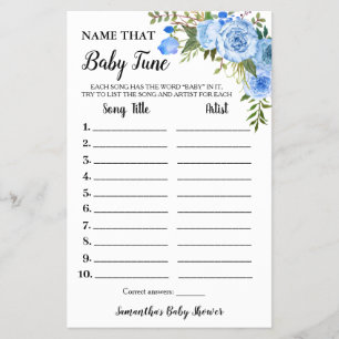 Blue Floral Name Baby Tune Baby shower Game-kaart Flyer