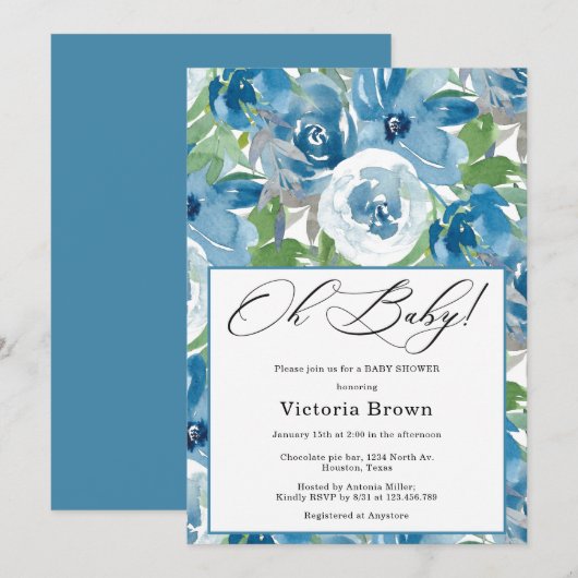Blue Floral Oh Baby Shower Invitation (Devant / Derrière)