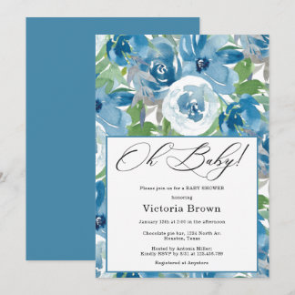 Blue Floral Oh Baby Shower Invitation Kaart