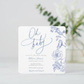 Blue Floral Oh Baby shower Uitnodiging (Staand voorkant)
