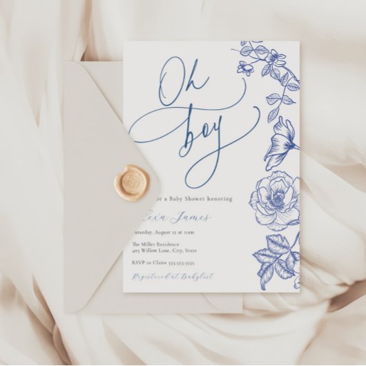 Blue Floral Oh Boy Baby shower Invitation