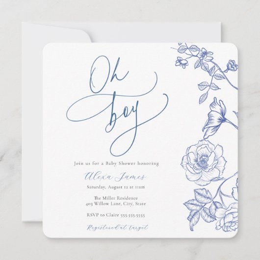 Blue Floral Oh Boy Baby shower Invitation (Devant)