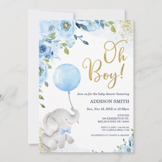Blue Floral Oh Boy Elephant Baby shower Invitation (Devant)