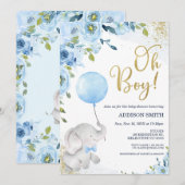 Blue Floral Oh Boy Elephant Baby shower Invitation (Devant / Derrière)