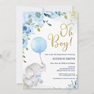 Blue Floral Oh Boy Elephant Baby shower Invitation