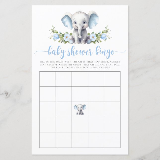 Blue Floral Olifant Baby Bingo Douche spel (Voorkant)