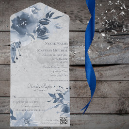 Blue Floral op Noodlijdend Bord Grijs met QR Code All In One Uitnodiging