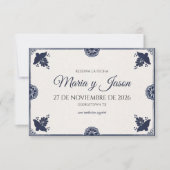 Blue Floral Otomi Simple Fiesta Spanish Wedding Save The Date (Voorkant)