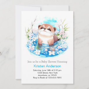 Blue Floral Otter Meadow Boy Baby shower Kaart