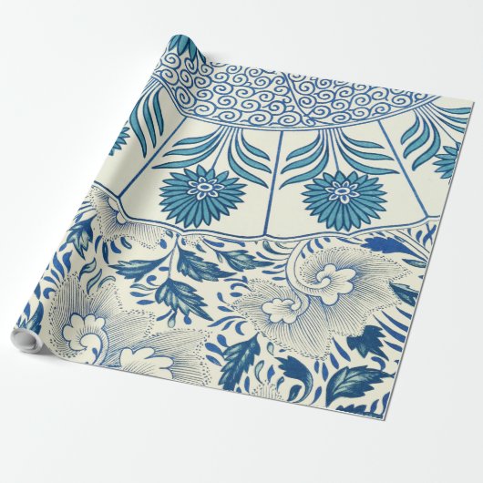 Blue Floral Pattern Antiek Asian Design Cadeaupapier (Uitgerold)