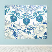 Blue Floral Pattern Antiek Asian Design Canvas Afdruk (Insitu (Houten vloer))