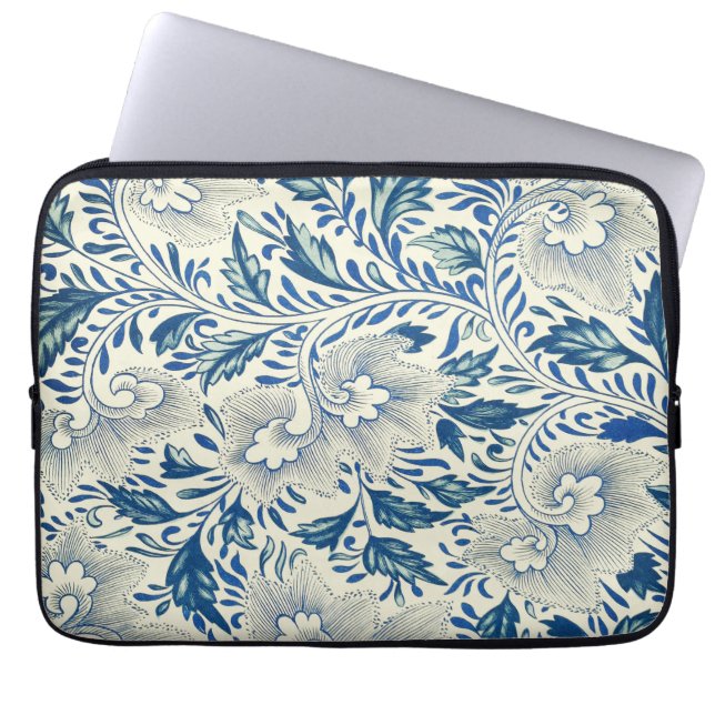 Blue Floral Pattern Antiek Asian Design Laptop Sleeve (Voorkant)