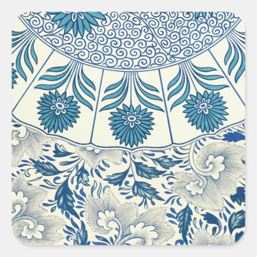 Blue Floral Pattern Antiek Asian Design Vierkante Sticker (Voorkant)