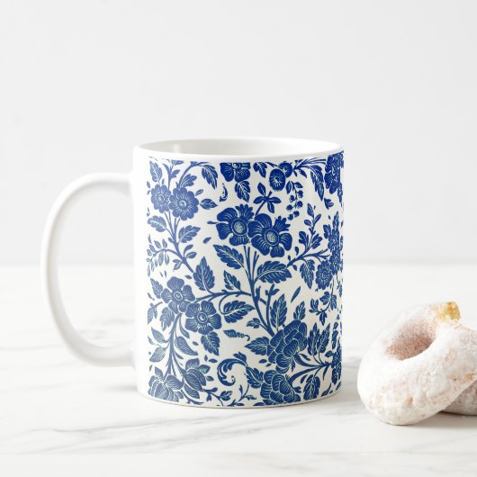 Blue Floral Pattern Koffiemok (Met donut)