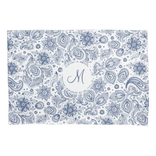 Blue Floral Pattern Monogram Pillow Hoesje Kussensloop (Voorkant)
