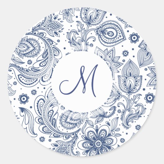 Blue  Floral Pattern Monogram Round Sticker (Voorkant)