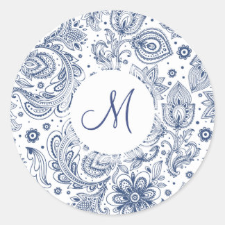 Blue  Floral Pattern Monogram Round Sticker