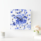 Blue Floral Pattern Vierkante Klok (Huis)