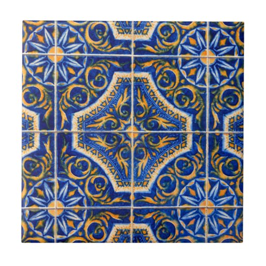  Blue Floral Patterned Portugees Tegeltje (Voorkant)