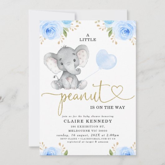 Blue Floral Peanut Elephant Baby shower Kaart (Voorkant)