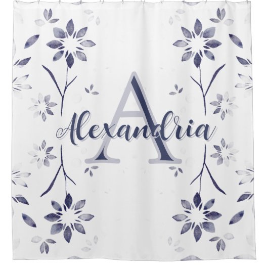 Blue Floral Personalized Monogram Name Douchegordijn (Voorkant)