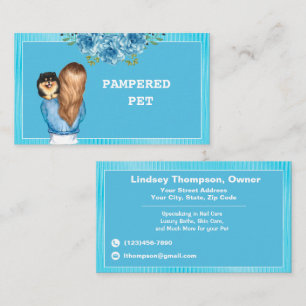 Blue Floral Pet Groomer Holding Puppy Visitekaartje