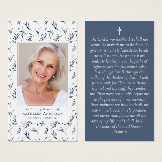 Blue Floral Photo Memorial Prayer Kaart (Voorkant /achterkant)