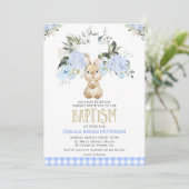 Blue Floral Pset Bunny Rabbit Baptism Invitation Kaart (Staand voorkant)