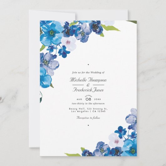 Blue Floral QR Code RSVP Garden Weddenschap Invita Kaart (Voorkant)
