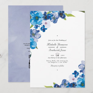 Blue Floral QR Code RSVP Garden Weddenschap Invita Kaart