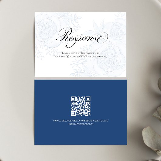 Blue Floral QR Code Wedding RSVP Calligraphy
